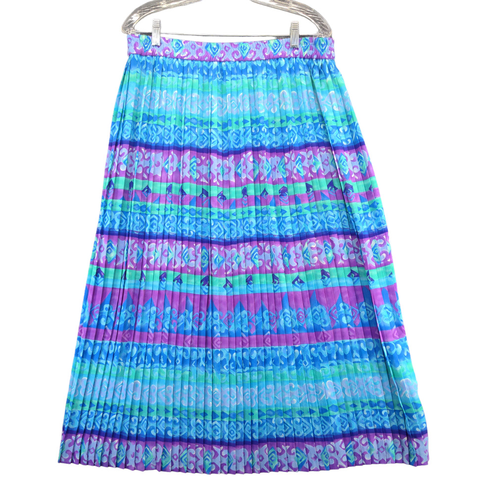 I.B Diffusion Women's A-Line Midi Skirt 14 Blue Purple Pleated Pull On Polyester